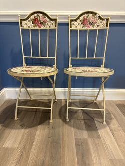 Pair Of Floral Ceramic/mosaic Tile Folding Chairs