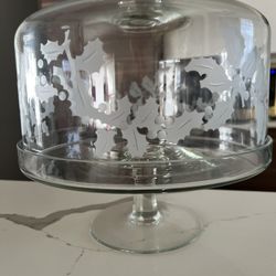 Cake plate and top in wonderful like-new condition with floral etching and a modern geometric cylinder design,Vintage