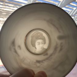 Japanese Lithophane Geisha Tea Cup Set, Hand Painted And Enameled Bone