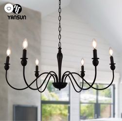 YANSUN 6-Light Matte Black Farmhouse Chandelier, Rustic Industrial Candle Chandelier for Kitchen Island, Dining Room