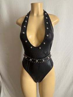 Snake skin print body suit with studs