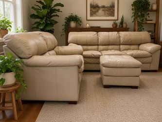 FREE DELIVERY ❗️ Large Beige Faux Leather Sectional Couch with Ottoman