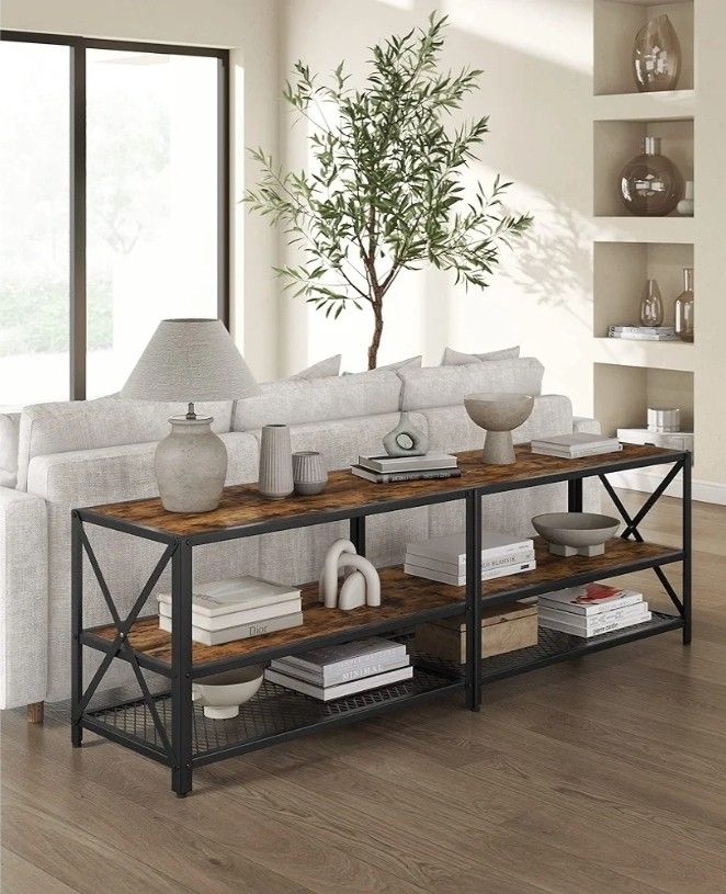 TV Stand, TV Console for TVs Up to 70 Inches, TV Table, 63 Inches Width, TV Cabinet with Storage Shelves, Steel Frame, for Living Room, Bedroom, Rusti