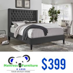 Ella Queen Size Dark Grey Wing Back Platform Bed With Nail Heads