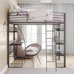 Twin Metal Loft Bed with Integrated Desk and Shelves, Silver