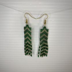 Gold and emerald green chevron fringe dangle earrings