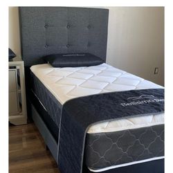 New Twin Size Dark Grey Bed Frame With Mattress And BoxSpring.  (And A Free Delivery)