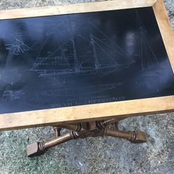 End Table, Slate Top, Nautical Motif, Isiah Jefferson Grand Banks Fisherman, Wood Base,