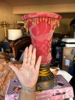 Vintage Table Lamp with Beaded Red Shade