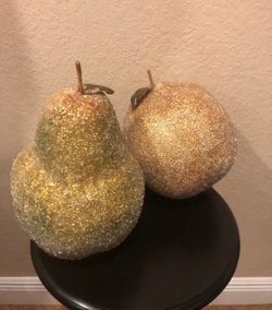 Vintage Set of pear and an apple sugared or beaded fruit ornaments 11”x9”