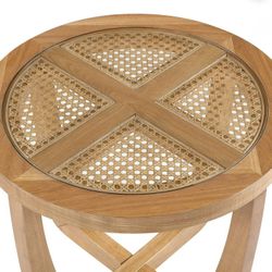 Rattan And Glass Side Table With Solid Wood Frame, by Drew Barrymore, Warm Honey Finish,NEW IN A BOX.

Please swipe photos to see, dimensions and othe