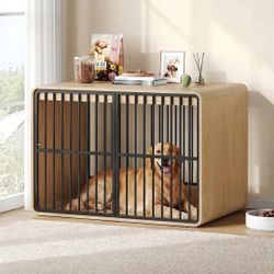 38" Dog Crate Furniture End Table for Small Dogs, Natural Oak