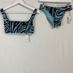 Shade & Shore Women’s Zebra Print Ruffle Swim Bikini Teal & Black NWT