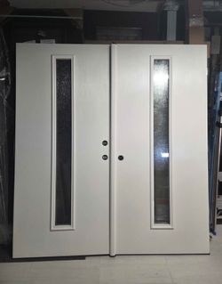 Therma-Tru 72W x 80H Fiberglass Impact Double Entry Doors with Frame and Trims.