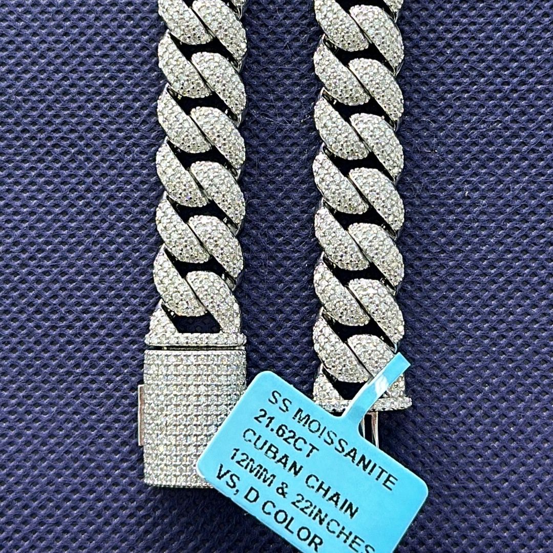 Sterling Silver Moissanite 12mm Cuban Chain