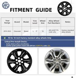 18 Inch Wheel Skins for 2019-2022 Chevy Blazer L/LT, Fits GM OEM#4 Alloy Wheels, Snap-On Design, Direct Replacement Gloss Black ABS Wheel Cover
