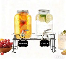 2‑Pack 1‑Gallon Glass Drink Dispenser Set – Leakproof Stainless Steel Spigot With Stand & Cylinder