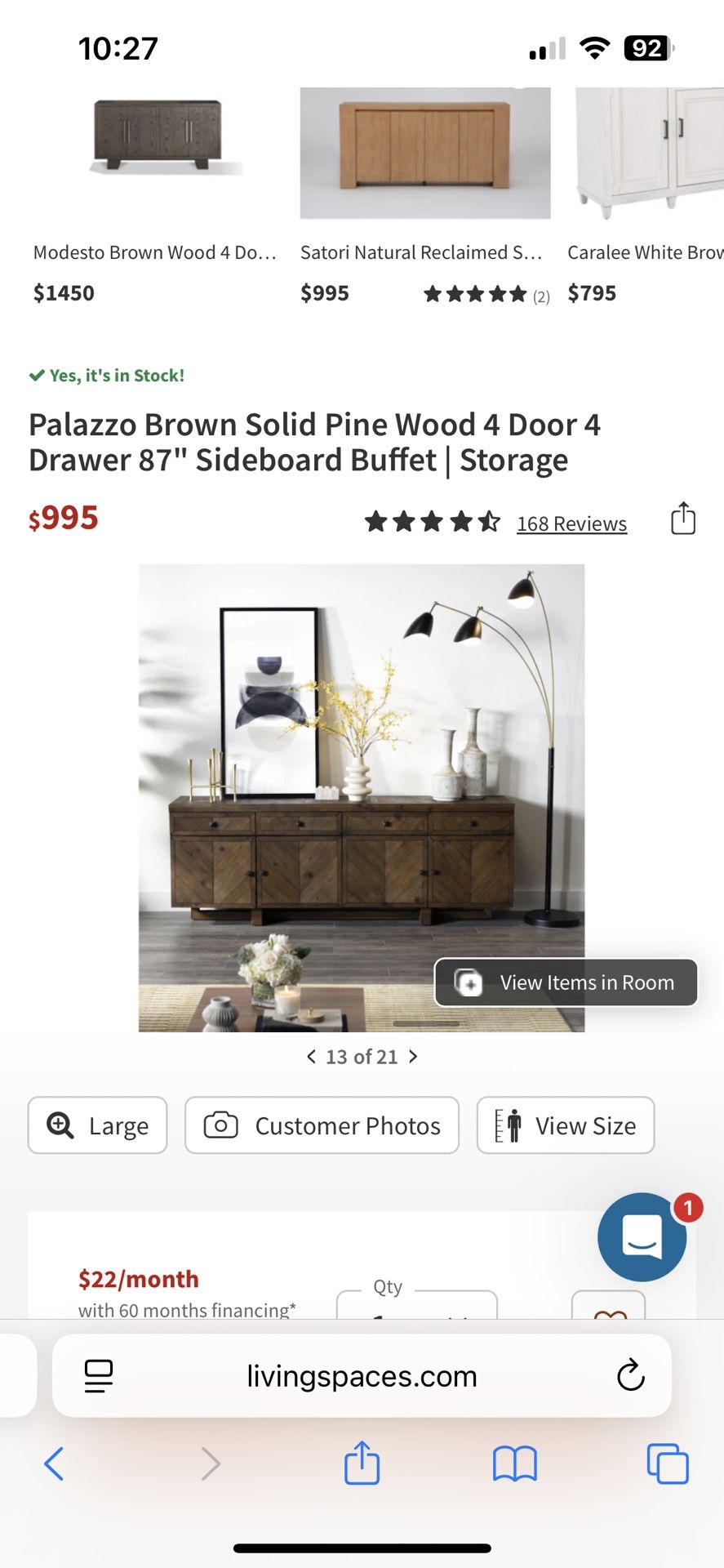 Palazzo Solid Pine Wood 87in Sideboard Buffet/Drawer/Storage-New Living Spaces