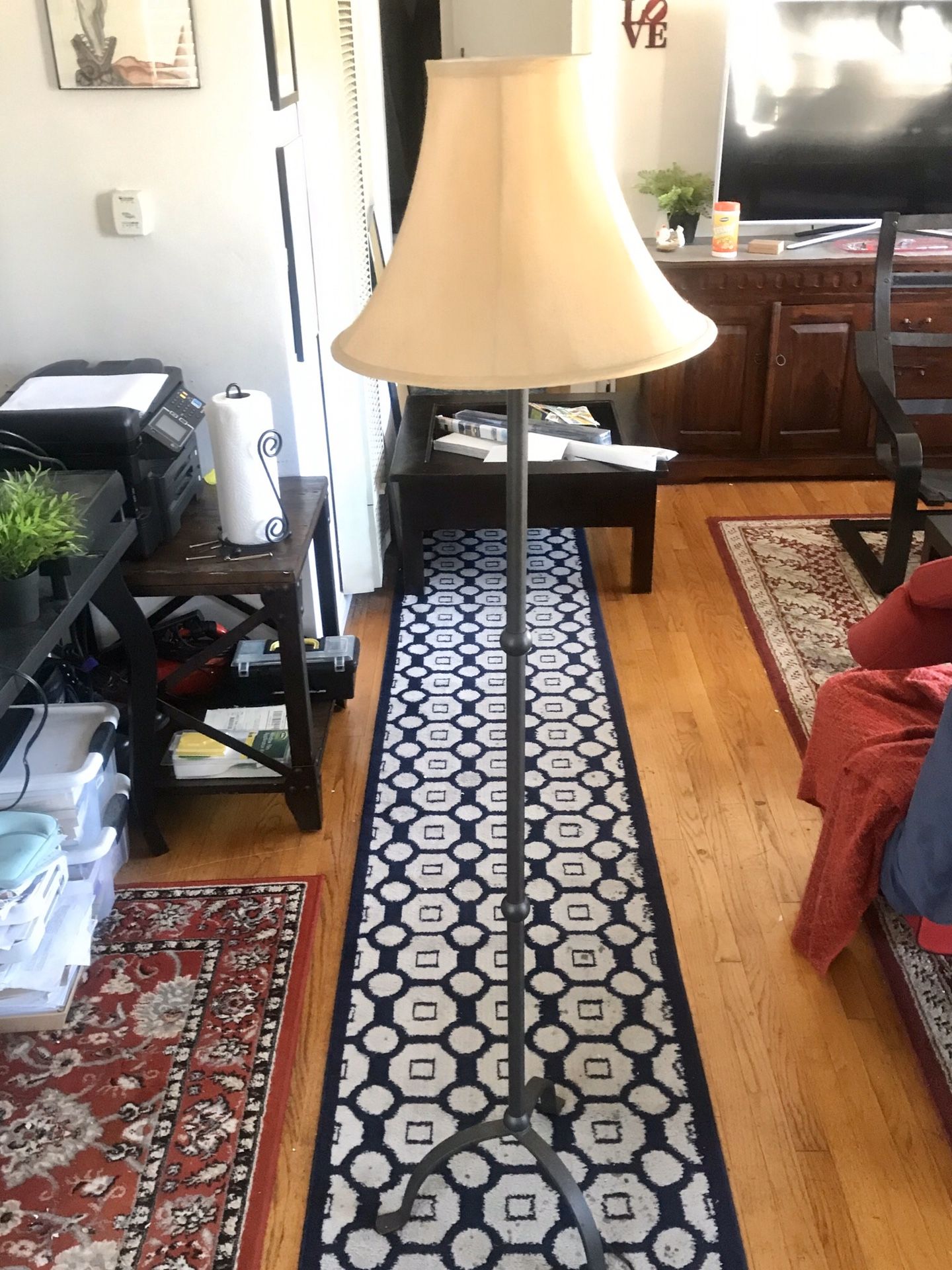 57" Black Metal Floor Lamp w. Cream Colored Shade; includes GE CFL Soft White Energy Smart Bulb, 13 Watts- 60 Watt Replacement ($5 value). $15 OBO.