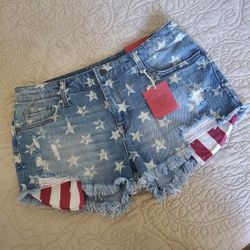 Mossimo Star Print Distressed Denim Shorts Patriotic Flag Pockets NEW w TAGS