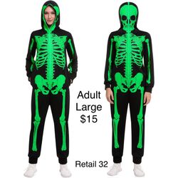 Skeleton Onesie Jumpsuit Adult Large Halloween/ Traje de Esqueleto Adulto Grande