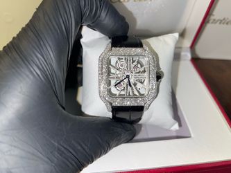 🔥💎🔥💎ON SALE ALL WHITE D COLOR VVS1 MOISSANITE WATCH WITH BLACK LEATHER BAND