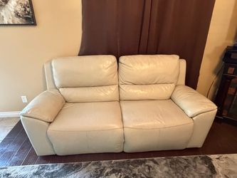 Cream Leather Reclining Loveseat Sofa