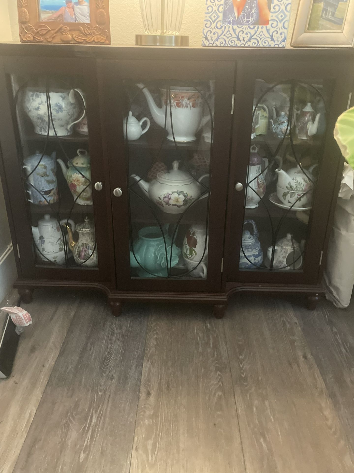 Vintage Dark Wood Display Cabinet With Glass Doors
