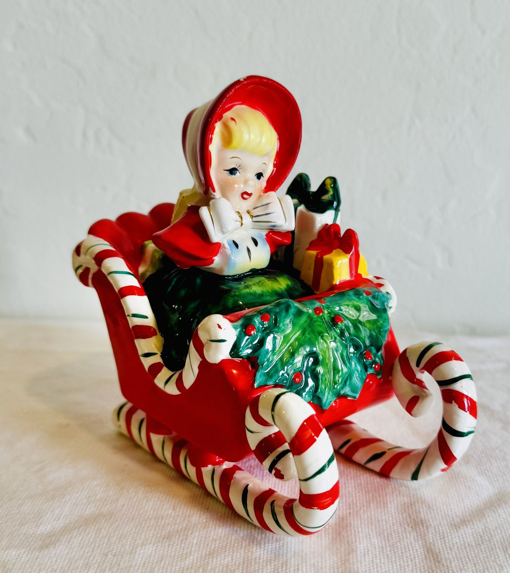 Vtg Ceramic Lefton Christmas Shopper Girl in Candy Cane Sleigh 1956 Japan