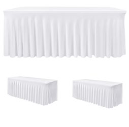 HolidayIdeas 2 Pack Spandex Table Skirt For 6 Ft Rectangle Tables, White Fitted Stretch Tablecloth 30 X 72 Inch, Wrinkle Resistant Ruffle Design For W
