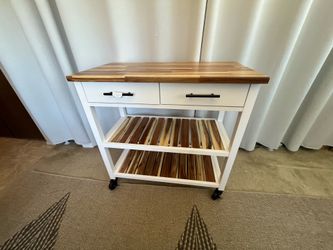 Out of the box, Assembled Seville Acacia Top Kitchen Cart with Drawers, shelves and wheels.