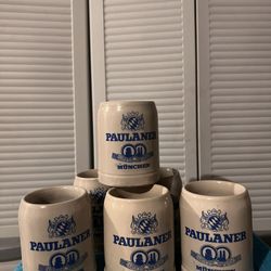  6 Paulaner Munchen Vintage German Beer Stein Mug Pottery Stoneware .5L Saltglazed
