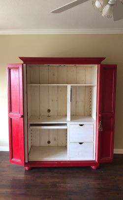 Pottery Barn Red Armoire Computer Desk, TV stand, Dresser, Storage Space & Closing Doors to hide it all