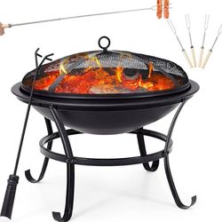 24”Fire Pit Outdoor Steel Wood Burning BBQ Grill Firepit Bowl Fireplace with Mesh Screen & Fire Poker, Log Grate