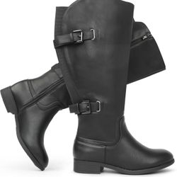 New Women’s Size 7.5 Women's Classic Extra Wide Calf Flat Heel Double Buckle Back Stretch Knee High Boots