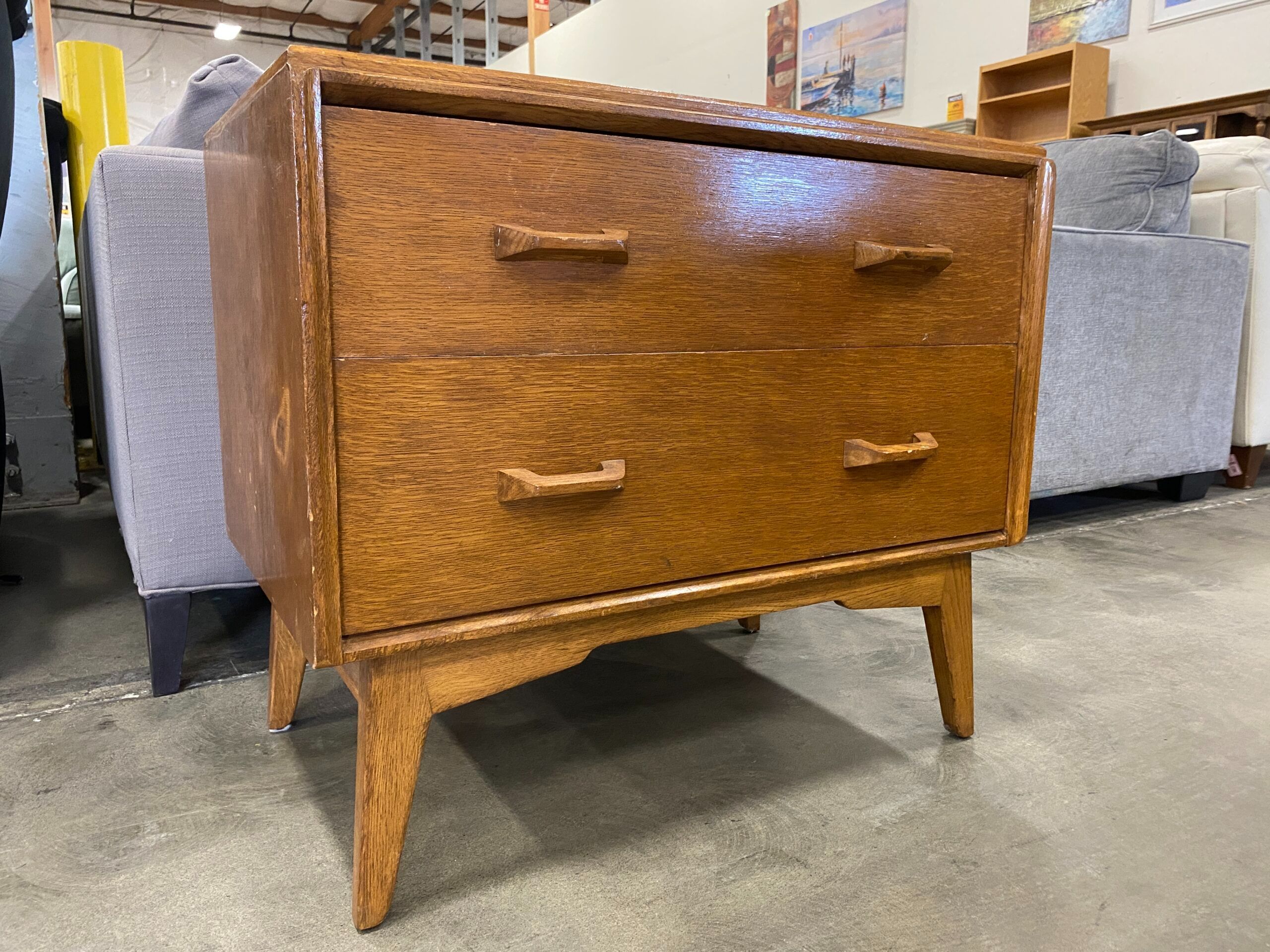 G-PLAN Mid-Century 2 Drawer Oak End Table with Divided Drawer and Wood Handles