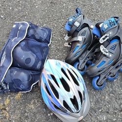 High Bounce Blue Adjustable Inline Roller Skates with helmet and protection