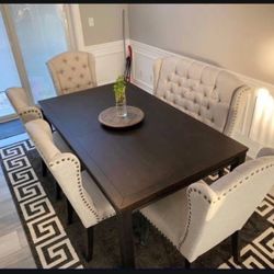Linen Black Jeanette  Dining Table And Chairs☄️ Financing✅ Brand New💯 Bench Sold Separately 