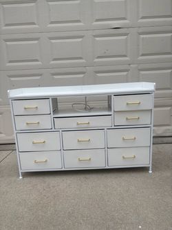 White Fabric TV stand/vanity with 11 Drawers