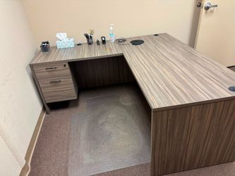 L shape office desk with 2 chairs and corner shelf