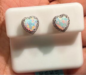 925 Sterling Silver Heart White Opal Stud Earrings 1.82 CTW 6mm Size. Push Backs