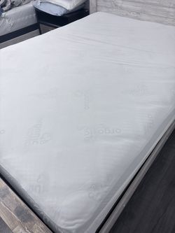 2 queen mattresses, boxspring, and bedframe