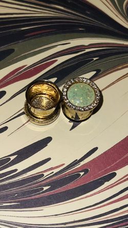 Gold green opal oval plugs with rhinestones