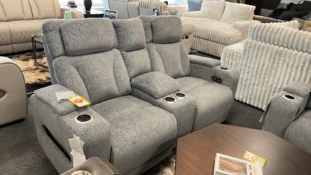 Blue/ Grey Fabric Electric Reclining Loveseat With USB Plug Ins Cupholders And LEDs