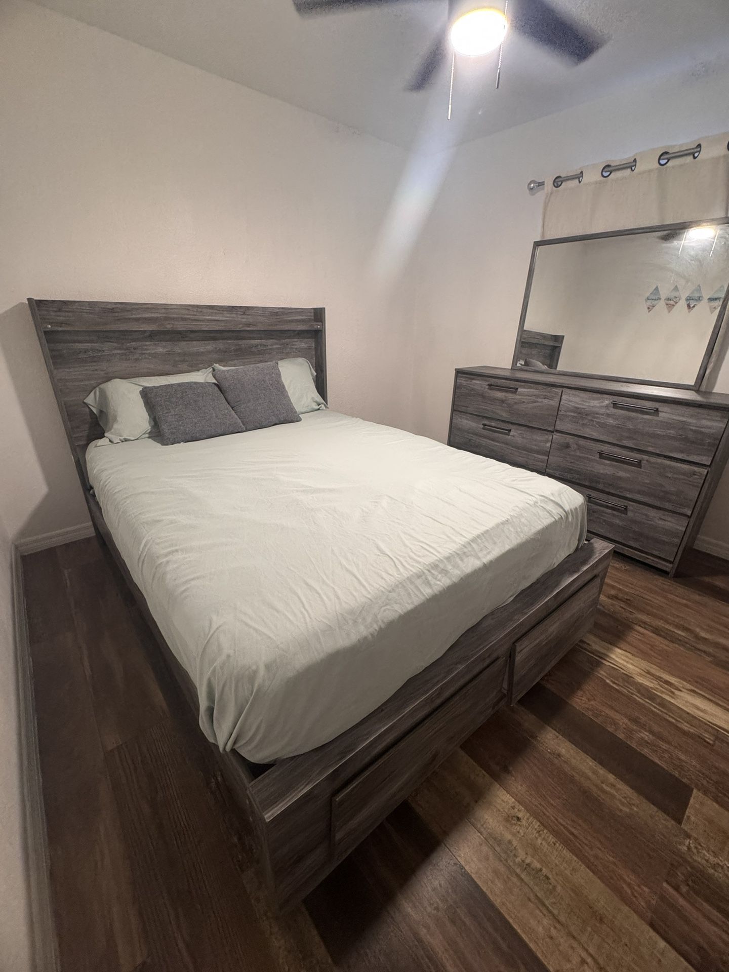 queen bed with mattress, mirror and gray cabinet in good condition