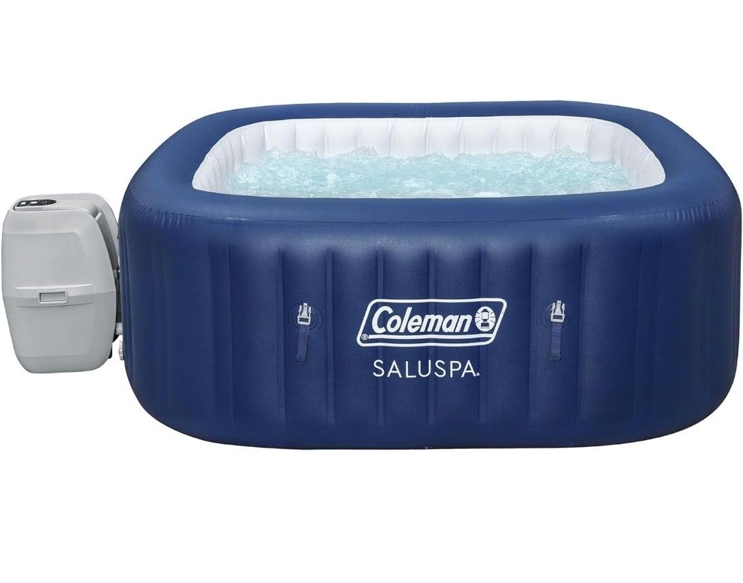 Coleman SaluSpa Atlantis AirJet 4 to 6 Person Inflatable Hot Tub Square Portable Outdoor Spa with 140 Soothing Jets with Cover, Blue

