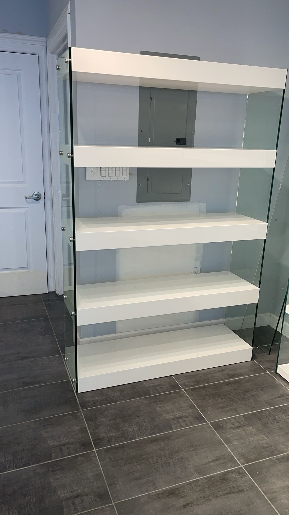 Modern Glass-Sided White Display Bookshelves with Floating Shelves Design