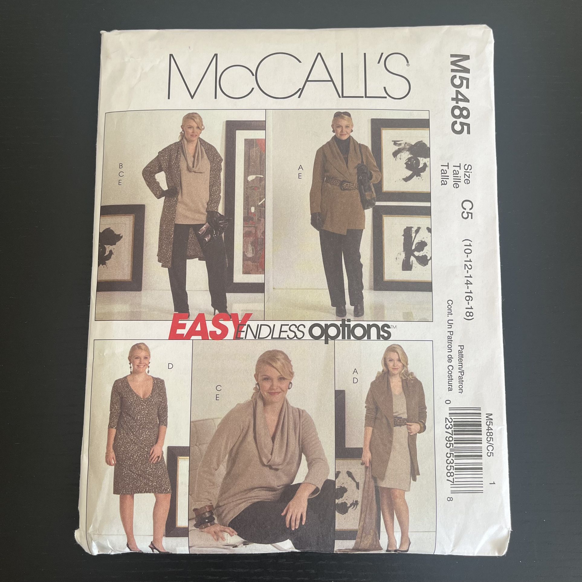 McCalls Sewing Pattern M5485 Size 10-18 Jacket Tunic Dress Pants Cowl 2007