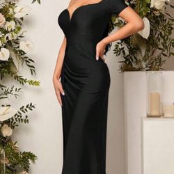 $20 Medium Black Off Shoulder Pleated High Slit Guest Formal Evening Gown Graduation Dinner Party Dress