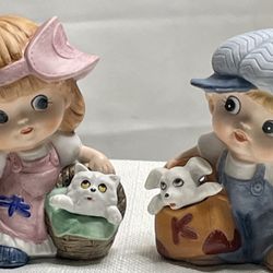 Homco Darling Little Boy & Girl Set, Holding Pets Ceramic Figures #1439